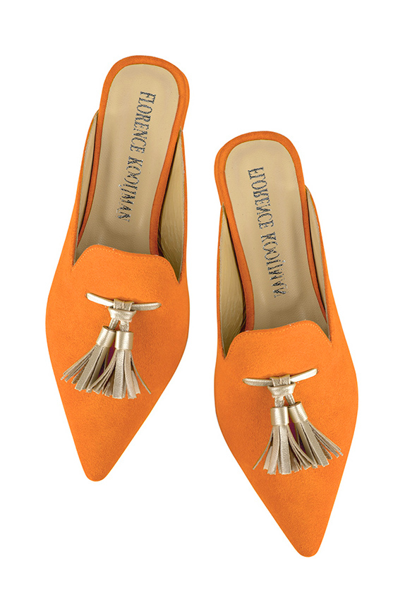 Apricot orange and gold women's loafer mules. Pointed toe. Flat flare heels. Top view - Florence KOOIJMAN